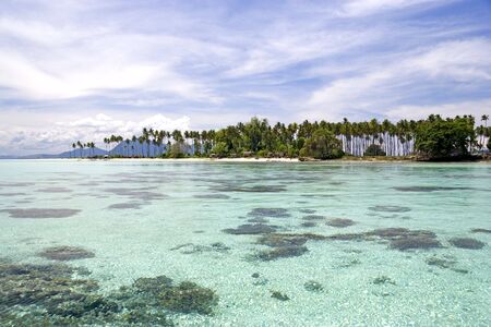 Image of a remote Malaysian tropical island with deep blue skies, crystal clear waters, atap huts and coconut trees.の写真素材