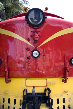 Image of a bright red vintage diesel train.の写真素材