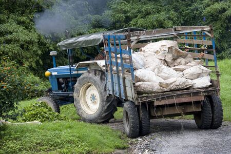 Image of an old tractor used to collect harvested tea leaves at a tea plantation.の写真素材