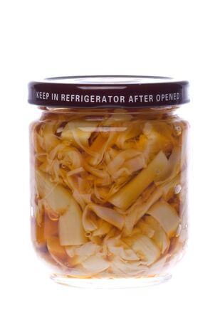 Isolated image of pickled bamboo shoots in a bottle.の写真素材
