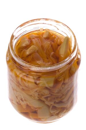 Isolated image of pickled bamboo shoots in a bottle.の写真素材