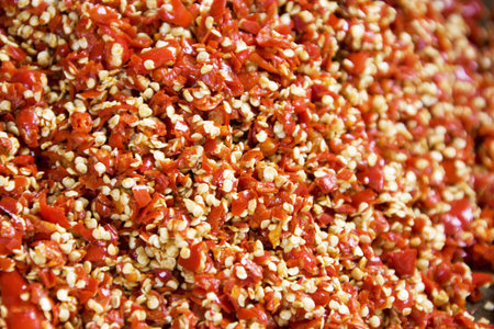 Image of minced chillies used to make Chinese home made chilli sauce at Daxu Ancient Town, Guilin,...