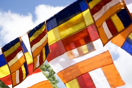 Image of Buddhist flags at Bodhi Temple (Sri Maha Bodhiya), Anuradhapura, Sri Lanka. の写真素材