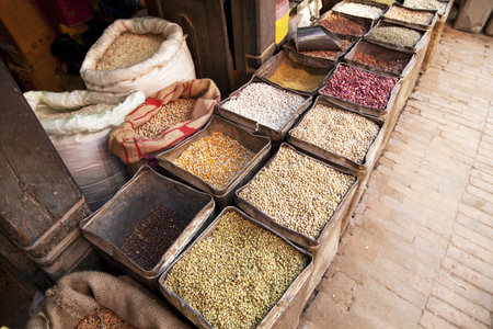 Image of Nepalese beans, grains and spices for sale.の写真素材