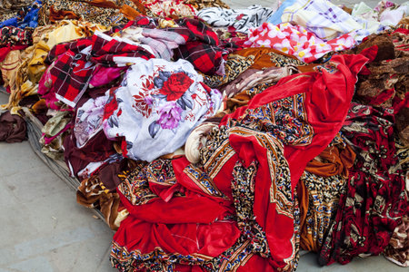 Image of traditional Nepalese fabric for sale at a street market at Kathmandu, Nepal.