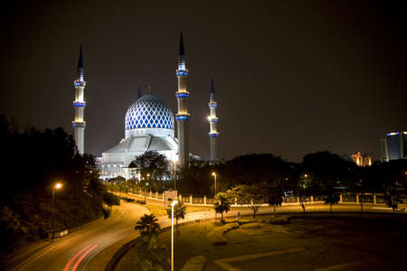Night image of Sultan Salahuddin Abdul Aziz Shah Mosque or commonly known as the Blue Mosque, located at Shah Alam, Selangor, Malaysia. の写真素材