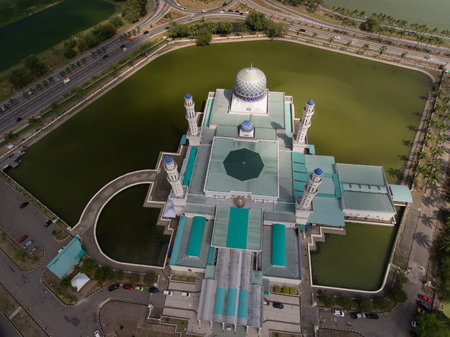 An aerial view Kota Kinabalu City Mosque, the most of beautiful floating mosque in the Sabah.の写真素材