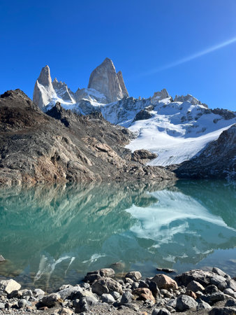 Majestic Fitz Roy mountain, reflection. Argentina El Chaltenの写真素材
