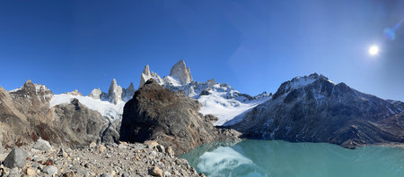 Majestic Fitz Roy mountain, reflection on lake. Argentina El Chalten, clear dayの写真素材
