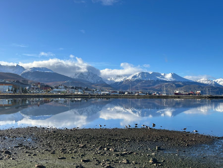 Ushuaia's majestic mountains, reflection in lake: Adventure in Patagonia's scenic Tierra del Fuegoの写真素材