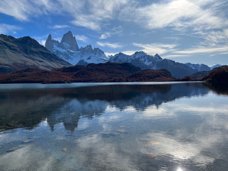 Majestic Fitz Roy mountain, reflection on lake. Argentina El Chalten, sunsetの写真素材
