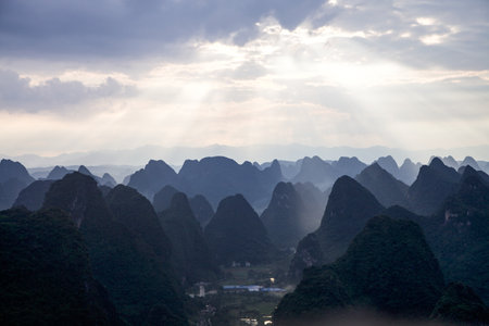 Karst mountains landscape at sunset, Yangshuo Guilin, Chinaの写真素材