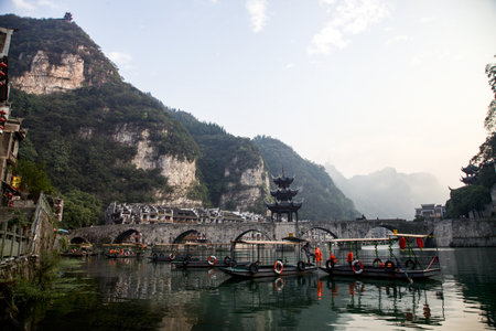 Tourist boats on Li River in China.の写真素材