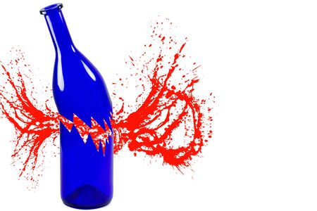 Broken blue bottle with splash isolated on white backgroundの写真素材