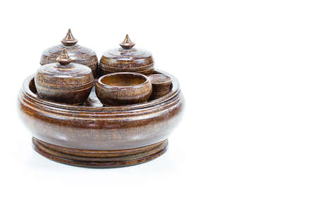 Old vintage wooden kitchen utensils on white backgroundの写真素材