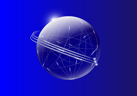 Communication wires across the globe with moving light on blue background, communication network technology  business concept illustrationのイラスト素材