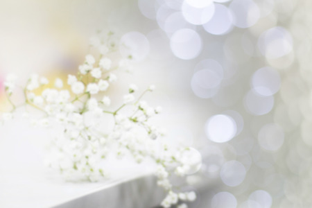 Blurred white gypsophila flowers on white table on blurred bokehの写真素材
