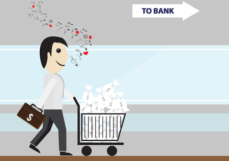 Business man holding briefcase with dollar sign whistling with musical notes and carrying dollar bags in trolley to bank , successful business conceptのイラスト素材