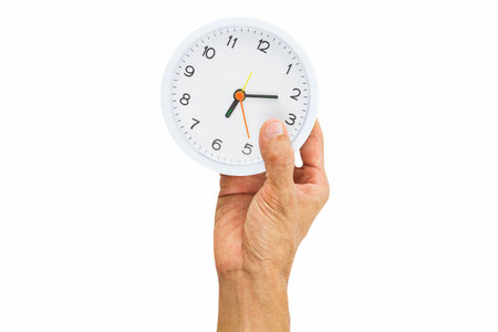 Man hand holding alarm clock isolated on white background