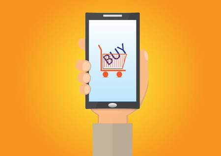 Hand holding smartphone with shopping cart and text buy, business technology concept vector illustrationのイラスト素材