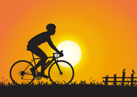 Silhouette of man cycling on golden sunrise background, vector illustrationのイラスト素材