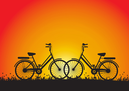 Silhouette of two bicycles during sunset in meadow, vector illustrationのイラスト素材