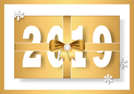 Merry Christmas and Happy new year 2019 with golden bow and diamond, greeting card vector illustrationのイラスト素材