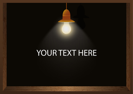 Shining light bulb hanging in wooden frame on dark background, vector illustration templateのイラスト素材