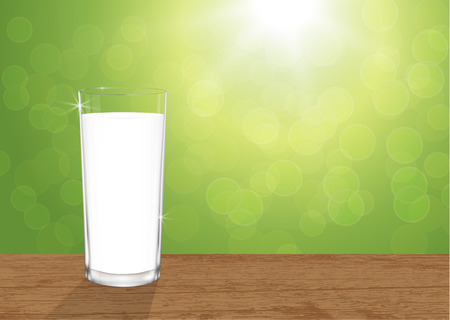 Realistic glass of fresh milk on wooden table on blurred green bokeh background, vector illustration 3dのイラスト素材