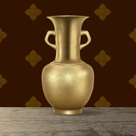 Realistic 3d antique vintage retro grunge brass pitcher on wooden desk on vintage background vector illustrationのイラスト素材