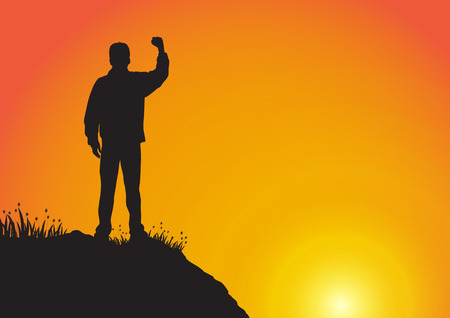 Silhouette of young man standing on the cliff with fist raised up on golden sunrise background, successful, achievement and winning concept vector illustrationのイラスト素材