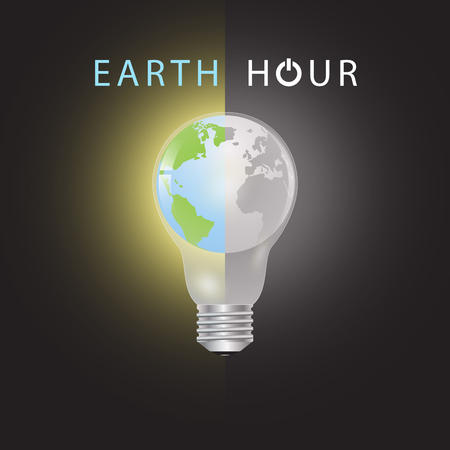 Globe in lightbulb with one half in color another half in black and white, earth hour environmental concept vector illustrationのイラスト素材