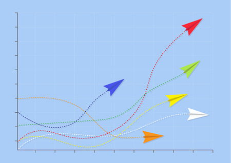 Paper planes on line graph with red plane on top performance,  business competition leadership ambitious successful goal achievement concept vector illustrationのイラスト素材