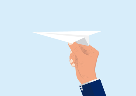 Businessman' hand holding throwing paper plane to target, business concept vector illustrationのイラスト素材