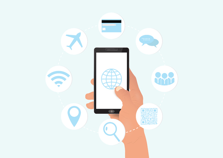 Hand holding smartphone with social media communication icons, business technology concept vector illustrationのイラスト素材