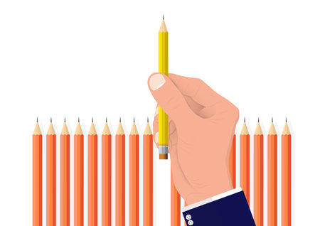 Hand picking one different pencil from the others, business concept of planning choosing the right target and resource vector illustrationのイラスト素材