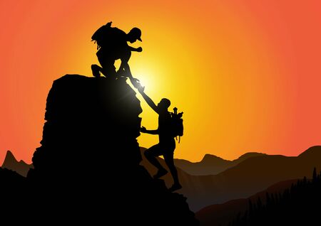 Silhouette of two people climbing mountain helping each other on rocky mountains with sunrise background, helping hand and assistance concept vector illustrationのイラスト素材