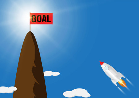 Rocket flying to flag with text goal on top of mountain, business target concept vector illustrationのイラスト素材