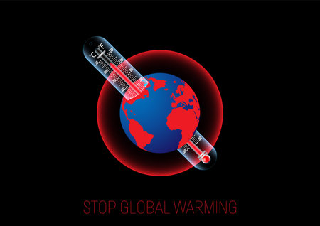 Thermometer with rising temperature inside planet earth, global warming environmental concept vector illustrationのイラスト素材