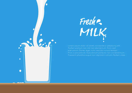 Fresh milk pouring into glass on table with splash, healthy drinking milk concept vector illustrationのイラスト素材