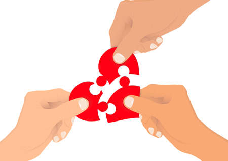 Hands connecting heart jigsaw pieces together, giving and sharing love concept vector illustrationのイラスト素材