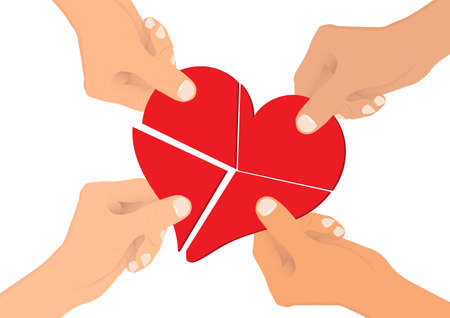 Hands connecting pieces of red heart together, concept of sharing love to people vector illustrationのイラスト素材