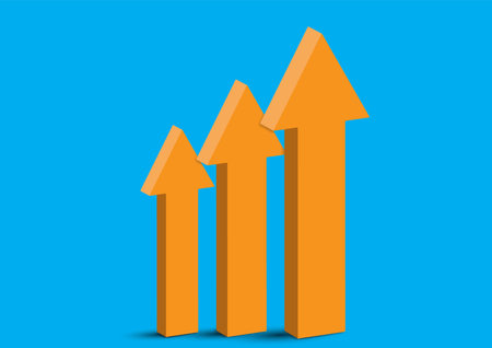 3d three orange up arrows on blue background vector illustrationのイラスト素材