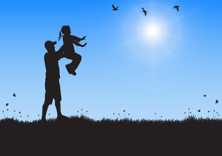 Silhouette of father and daughter playing on grass field on sunrise  background vector illustrationのイラスト素材