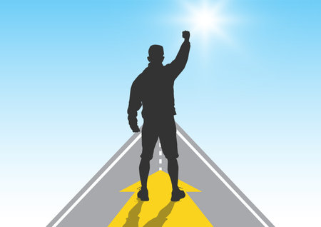 Silhouette of man with fist raising up standing on yellow forward arrow sign, success, achievement and winning concept vector illustration(Multiple values)のイラスト素材