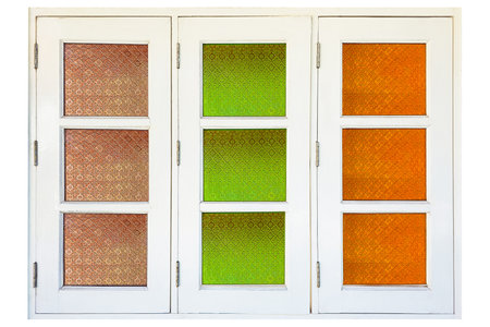 Antique vintage stained glass window  on white background with clipping pathの写真素材