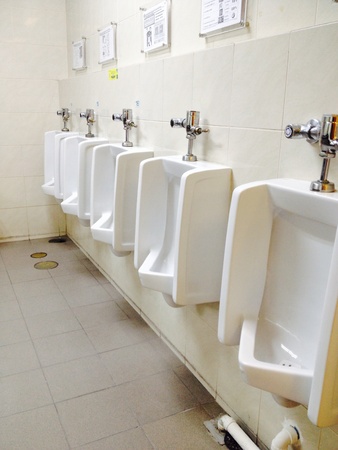 line of white urinals in public toiletsの素材