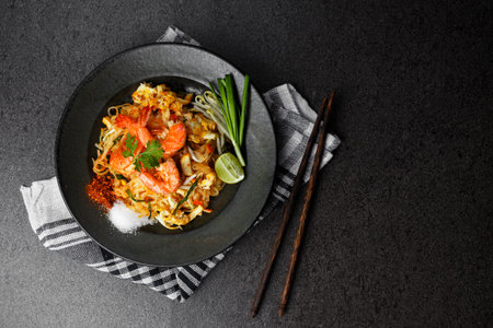 Pad Thai noodles with shrimp, popular Thai street food