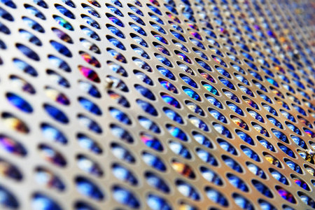Metal grid fill with colored glass spheres.の写真素材
