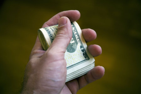 A hand holds a bundle of twenty dollar bills
